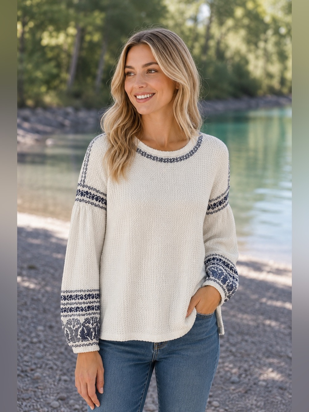 Sundance Lila White Waffle Knit Embroidered Navy Top Blouse Shirt Balloon Sleeve